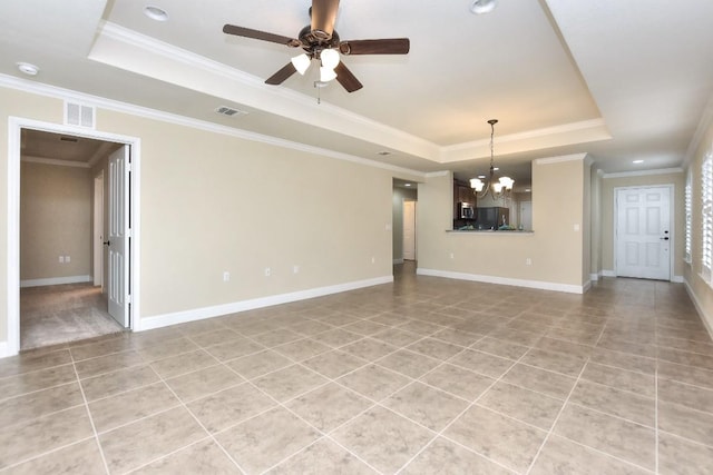 unfurnished living room with crown molding, a raised ceiling, ceiling fan with notable chandelier, and light tile patterned floors