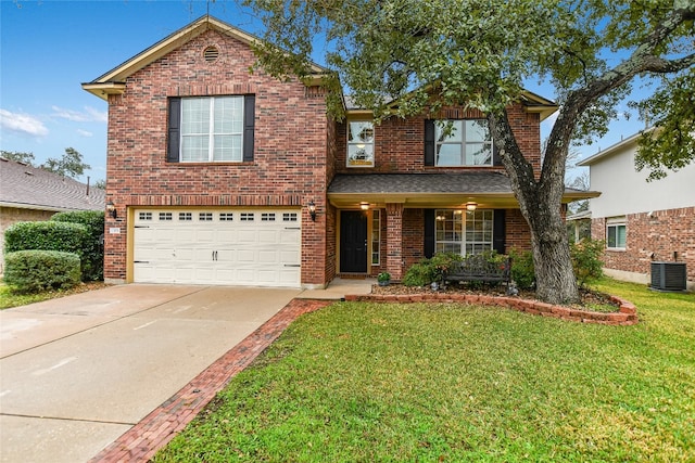 front of property with a garage, central AC unit, and a front lawn