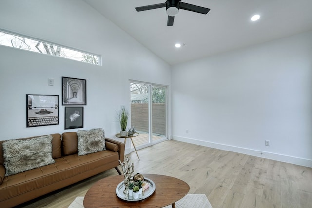 908 E 51st St, Austin, TX 78751 - living room featuring high vaulted ceiling, a ceiling fan, light wood finished floors, baseboards, and recessed lighting