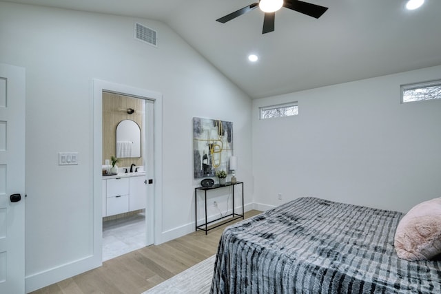 908 E 51st St, Austin, TX 78751 - bedroom featuring light wood finished floors, a sink, recessed lighting, high vaulted ceiling, and ensuite bathroom