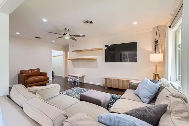 1713 Mariposa Dr, Austin, TX 78741 - living room with recessed lighting, ceiling fan, baseboards, dark wood finished floors, and ornamental molding