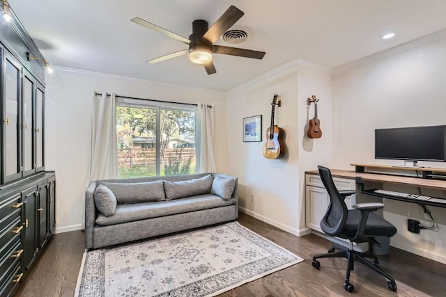 1713 Mariposa Dr, Austin, TX 78741 - office with crown molding, a ceiling fan, and dark wood-style floors