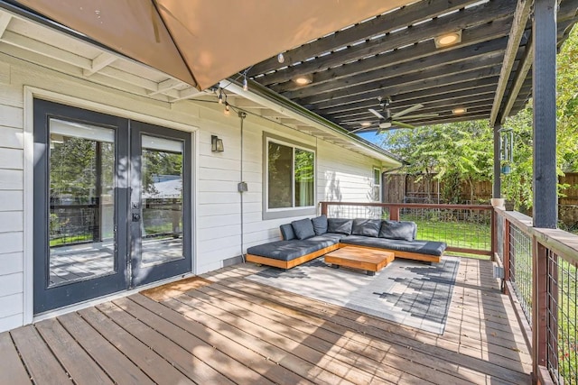 1713 Mariposa Dr, Austin, TX 78741 - deck with french doors, a ceiling fan, and an outdoor hangout area