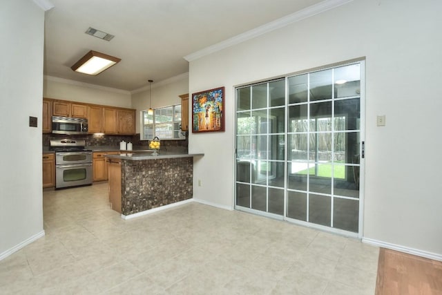 kitchen with tasteful backsplash, decorative light fixtures, ornamental molding, appliances with stainless steel finishes, and kitchen peninsula