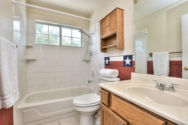 full bathroom featuring vanity, tile patterned floors, toilet, and shower / bathtub combination with curtain