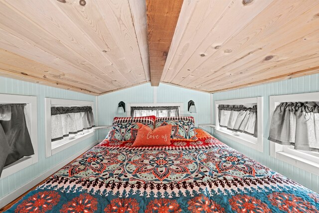 13006 Ranch Rd Unit 2341, Burnet, TX 78611 - bedroom with lofted ceiling, wooden ceiling, and wooden walls