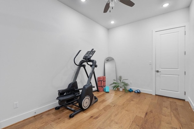 113 University Lands Dr, Liberty Hill, TX 78642 - workout room with wood finished floors, ceiling fan, and recessed lighting