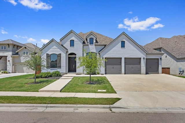 113 University Lands Dr, Liberty Hill, TX 78642 - french country home with driveway, a garage, a front lawn, and brick siding