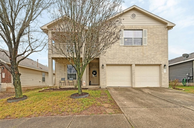 front facade with a garage and a front lawn