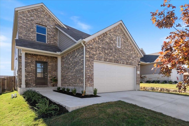 view of front of house featuring a garage, concrete driveway, fence, and a front lawn