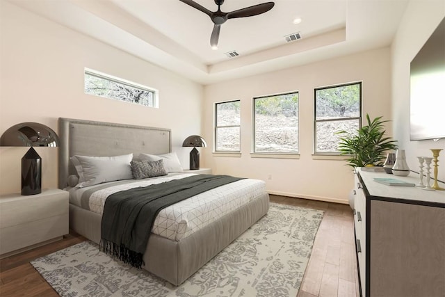 22300 Shotts Dr, Spicewood, TX 78669 - bedroom featuring multiple windows, a raised ceiling, and wood finished floors