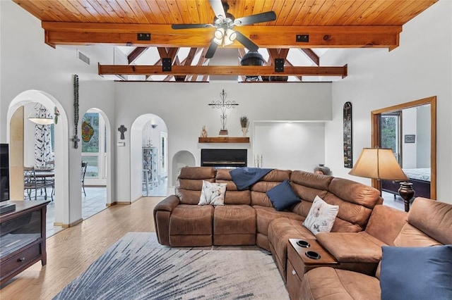 living room featuring ceiling fan, wood ceiling, beamed ceiling, and light wood-type flooring