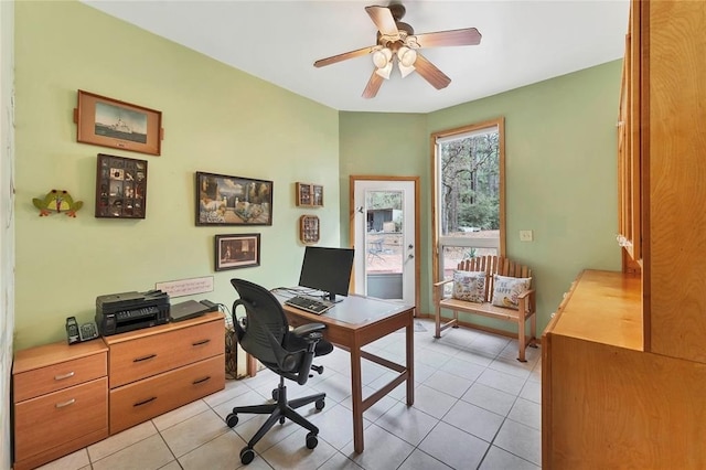 office area featuring ceiling fan and light tile patterned flooring