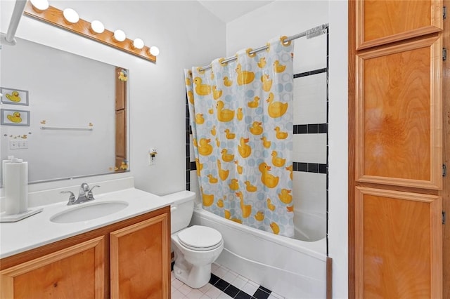 full bathroom with vanity, shower / bathtub combination with curtain, tile patterned floors, and toilet