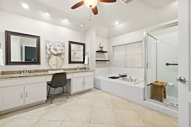 bathroom featuring tile patterned flooring, shower with separate bathtub, vanity, and ceiling fan