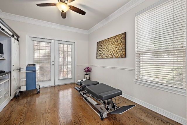 exercise area featuring french doors, crown molding, dark hardwood / wood-style floors, ceiling fan, and a barn door