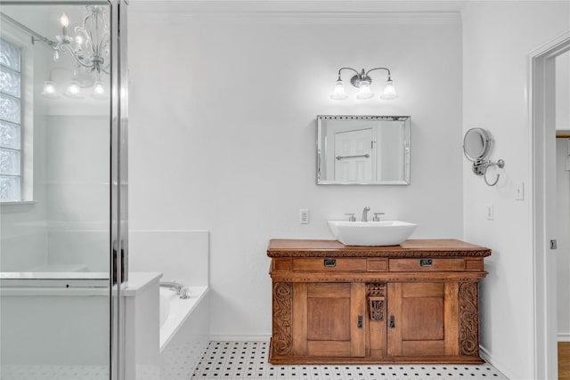 bathroom featuring crown molding, plenty of natural light, vanity, and plus walk in shower