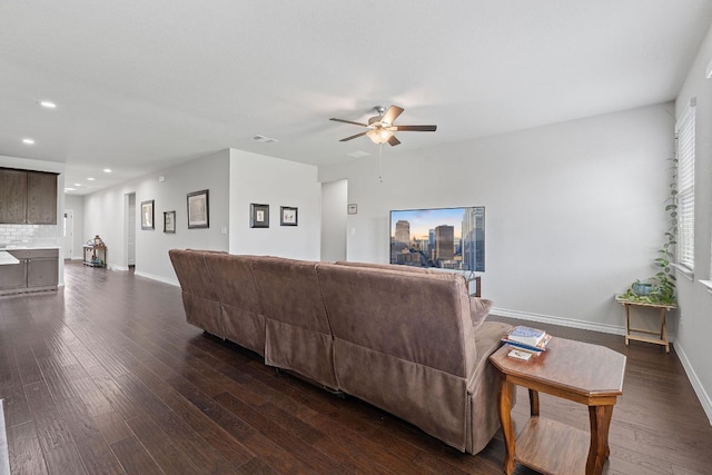 7716 Arezzo Dr, Round Rock, TX 78665 - living room with recessed lighting, dark wood finished floors, and a ceiling fan