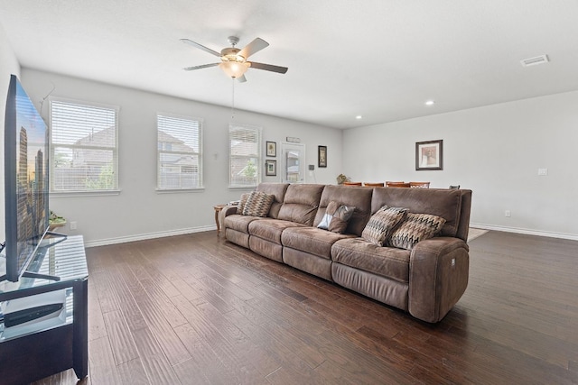 7716 Arezzo Dr, Round Rock, TX 78665 - living room featuring dark wood-type flooring, ceiling fan, and recessed lighting