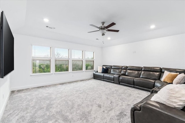 312 Olinda Way, Liberty Hill, TX 78642 - carpeted living area with baseboards, visible vents, ceiling fan, and recessed lighting