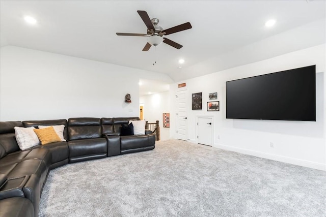 312 Olinda Way, Liberty Hill, TX 78642 - carpeted living area featuring vaulted ceiling, ceiling fan, and recessed lighting