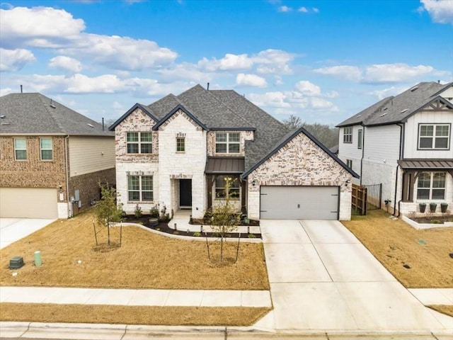 312 Olinda Way, Liberty Hill, TX 78642 - view of front of property with a standing seam roof, stone siding, concrete driveway, a shingled roof, and a garage