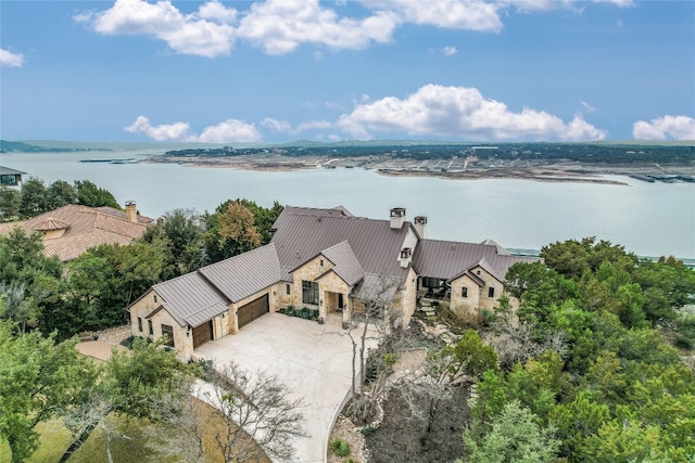 drone / aerial view featuring a water view