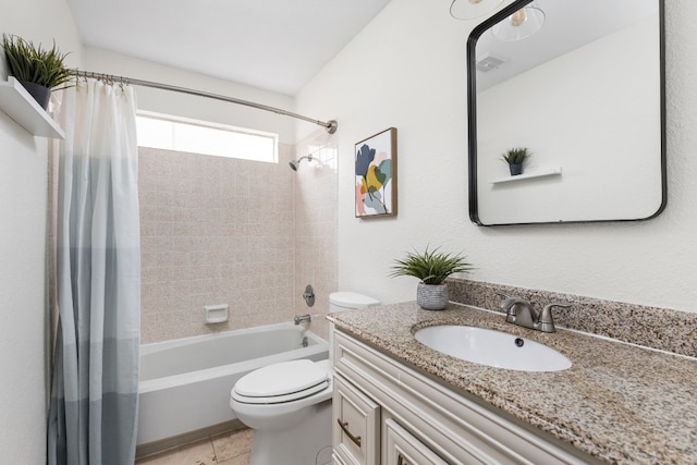 full bathroom with tile patterned flooring, vanity, shower / tub combo with curtain, and toilet