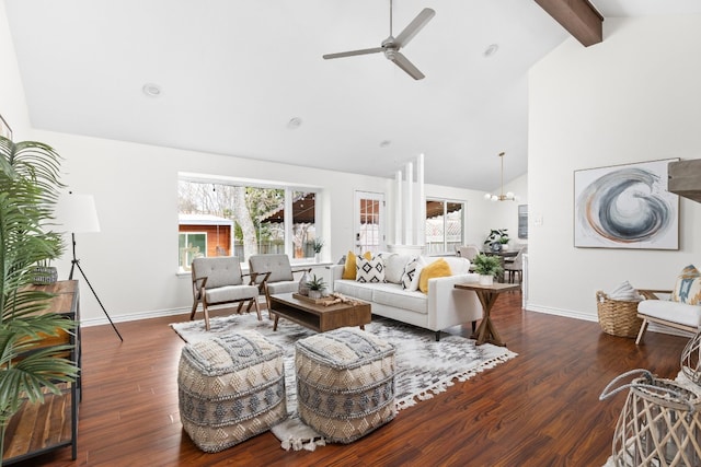 living room featuring beam ceiling, high vaulted ceiling, dark hardwood / wood-style floors, and a healthy amount of sunlight