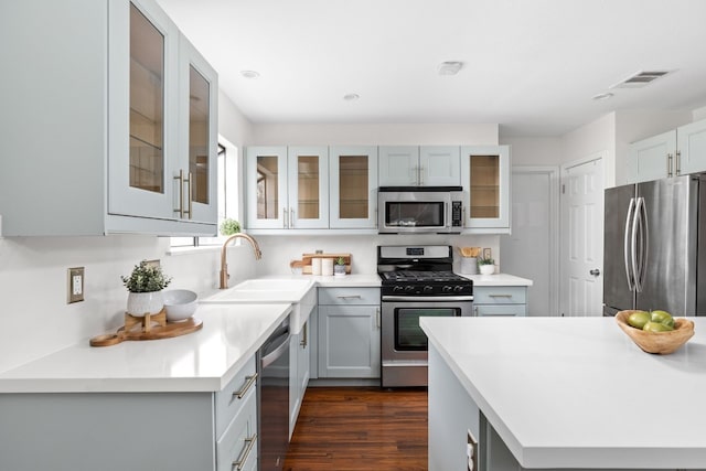 kitchen with appliances with stainless steel finishes, dark hardwood / wood-style floors, sink, and gray cabinetry