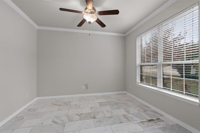 unfurnished room with ceiling fan and ornamental molding