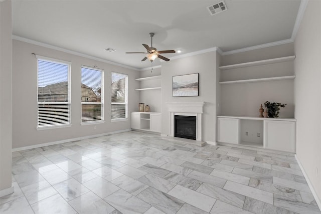 unfurnished living room with ornamental molding, built in features, and ceiling fan