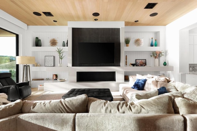 living room with wood ceiling