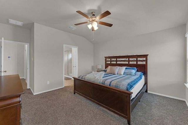 carpeted bedroom featuring vaulted ceiling, ceiling fan, visible vents, and baseboards