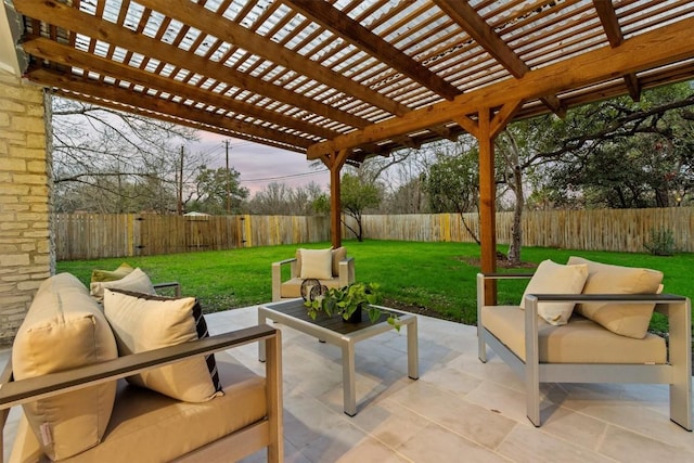 view of patio with an outdoor living space and a pergola