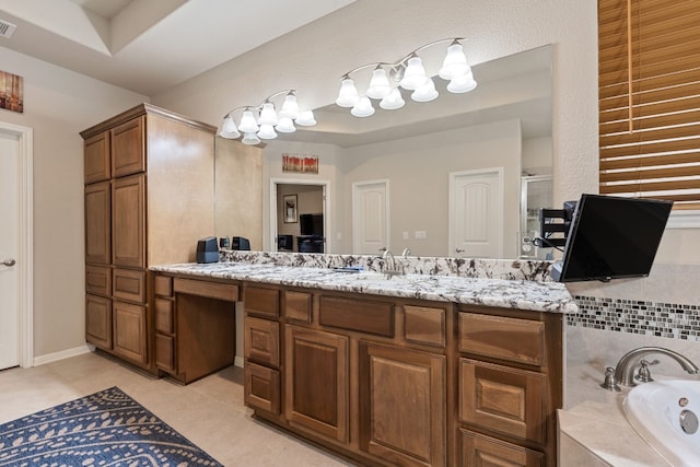 bathroom with vanity, tile patterned floors, and plus walk in shower