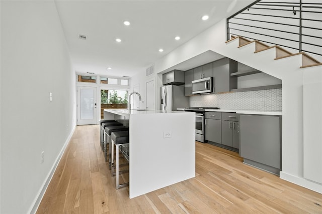 kitchen with gray cabinets, appliances with stainless steel finishes, a kitchen bar, decorative backsplash, and a center island with sink