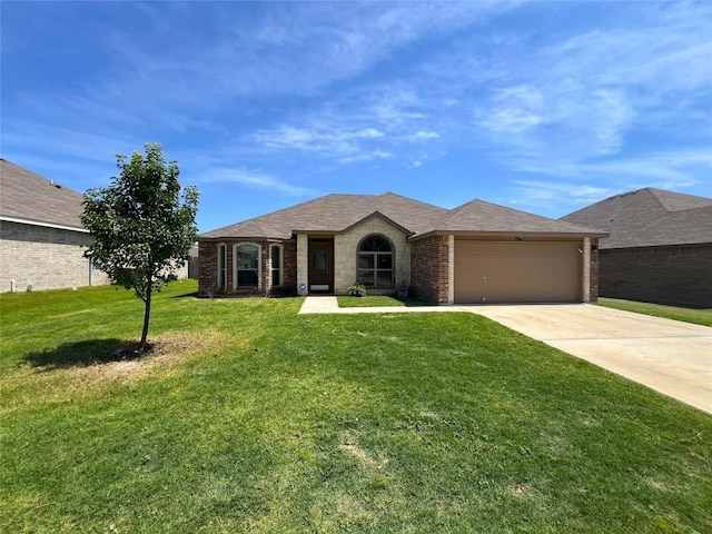 ranch-style home featuring an attached garage, driveway, brick siding, and a front yard