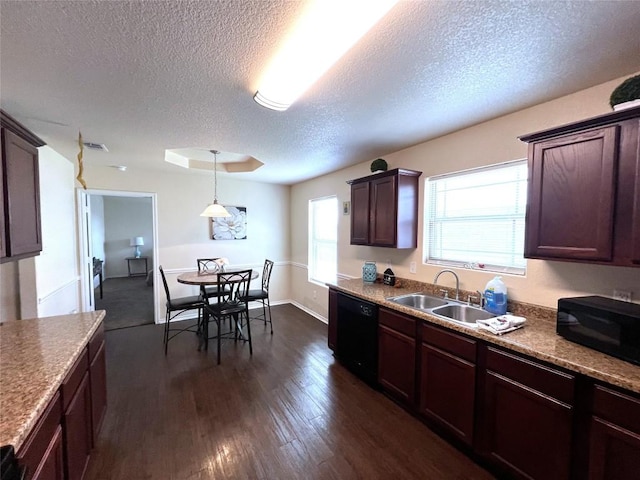 kitchen featuring dark hardwood / wood-style floors, pendant lighting, dishwasher, sink, and a textured ceiling