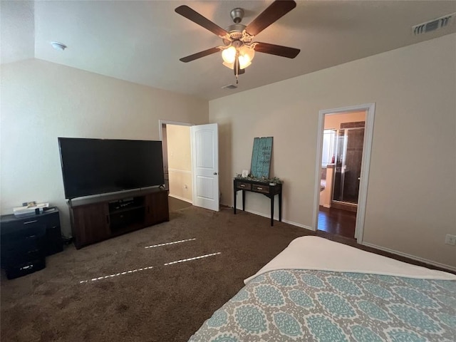 bedroom featuring ceiling fan, lofted ceiling, and dark colored carpet