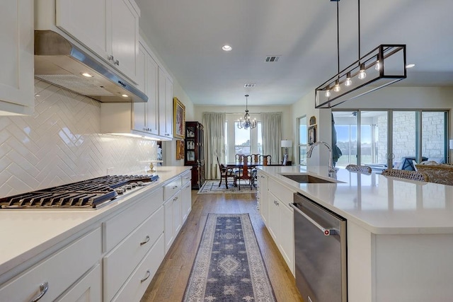 kitchen featuring sink, stainless steel appliances, an island with sink, white cabinets, and exhaust hood