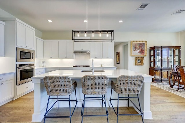 kitchen featuring stainless steel appliances, a kitchen island with sink, and sink