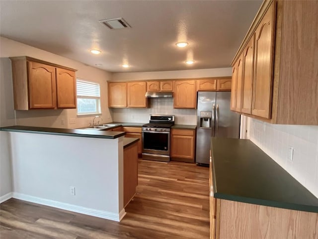 kitchen featuring dark wood-type flooring, appliances with stainless steel finishes, sink, and decorative backsplash