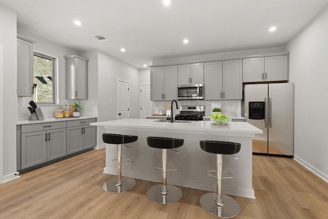 kitchen featuring appliances with stainless steel finishes, sink, a center island with sink, and gray cabinetry