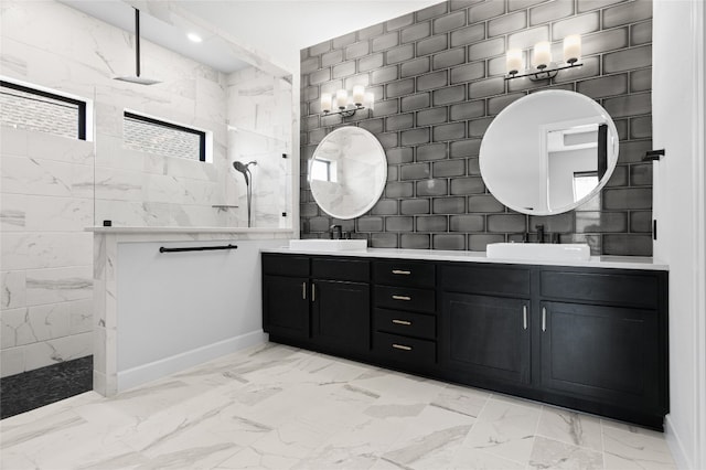 bathroom featuring vanity and a shower