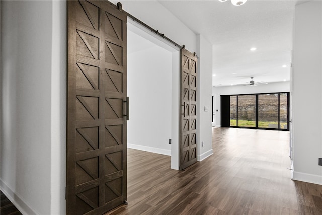 hall featuring dark hardwood / wood-style floors and a barn door