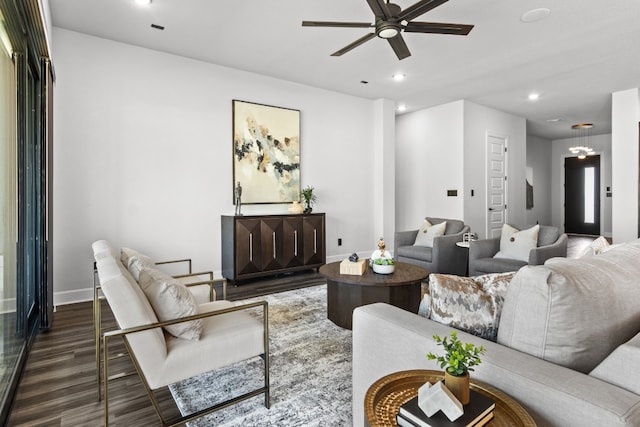 313 Starfire Dr, Dripping Springs, TX 78620 - living area featuring a ceiling fan, recessed lighting, dark wood-type flooring, and baseboards