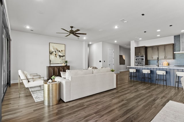 313 Starfire Dr, Dripping Springs, TX 78620 - living area featuring recessed lighting, dark wood-type flooring, baseboards, and ceiling fan