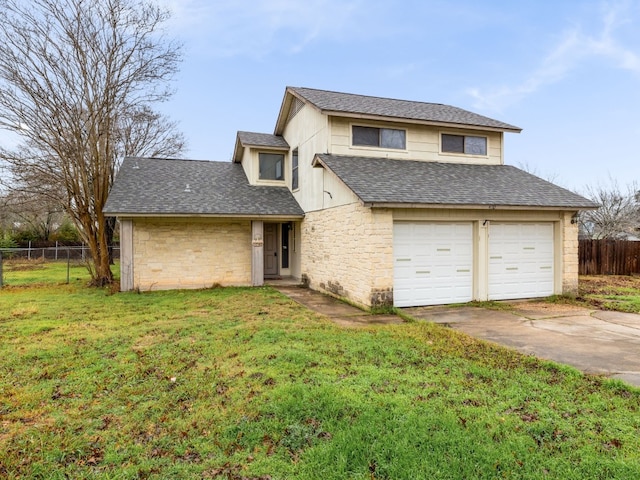 traditional home featuring fence, stone siding, a front yard, concrete driveway, and an attached garage