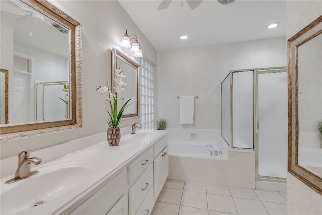 bathroom featuring tile patterned flooring, vanity, independent shower and bath, and ceiling fan